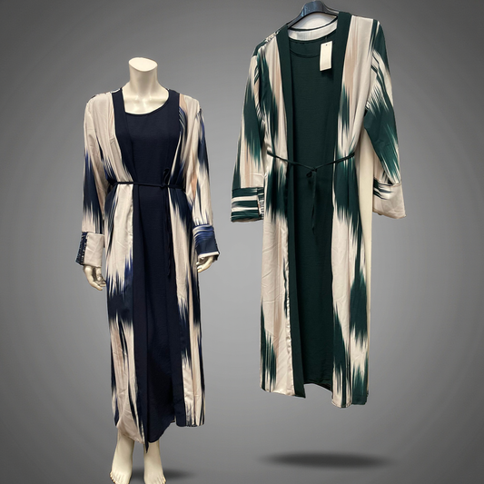 Damen Zweiteiler Maxikleid mit Kimono – Ikat Print, Langarm, Modest Fashion.